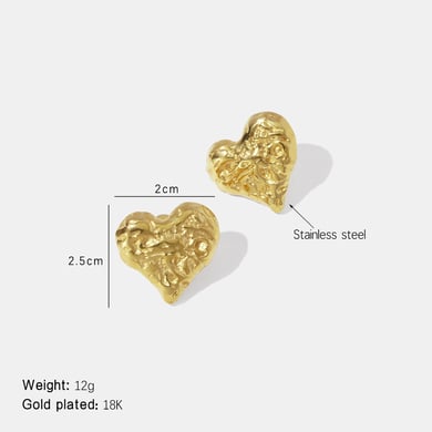 1 Pair Retro Heart Hammer Pattern Stainless Steel Gold Color Women's Stud Earrings h5 