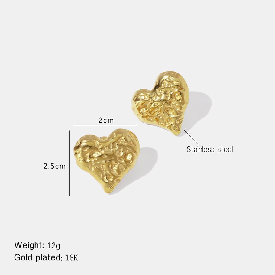 1 Pair Retro Heart Hammer Pattern Stainless Steel Gold Color Women's Stud Earrings 