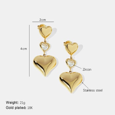 1 Pair Classic Sweet Heart Stainless Steel  Gold Color  Zircon Women's Dangle Earrings h5 