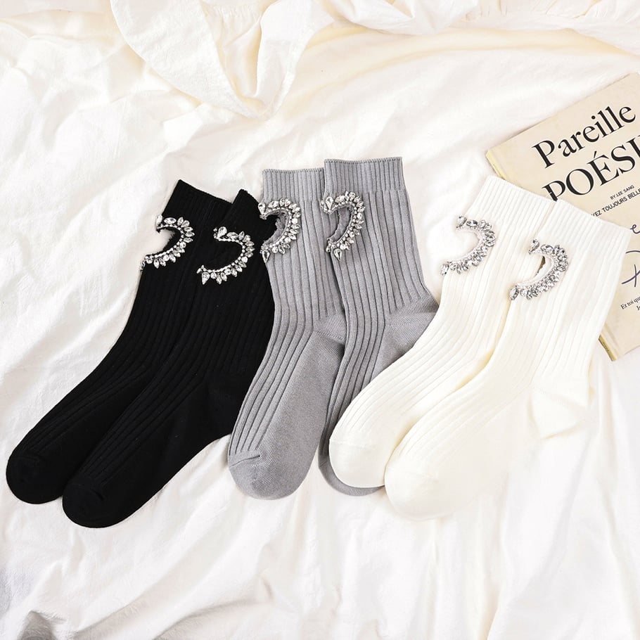 Leichte, luxuriöse Damensocken aus reiner Baumwolle mit Strassbesatz und hohlem Herz h5Bild3