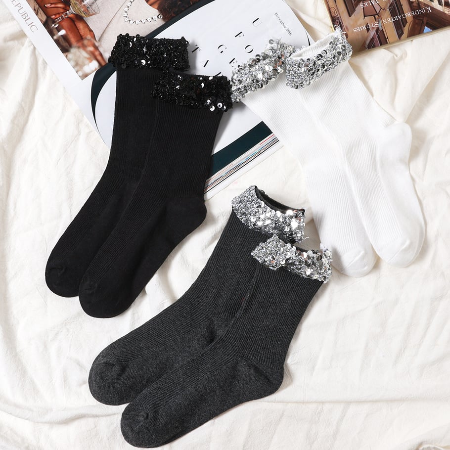1 Stück leichte, luxuriöse, gestrickte Damensocken mit Pailletten in Wadenlänge h5Bild3