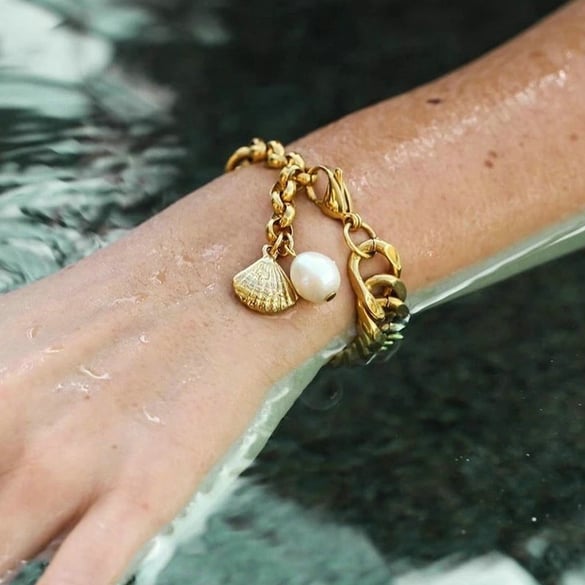 1 stuk Cuba Fancy Simple Fashion Style roestvrij staal 18K verguld zoetwaterparel dameskettingarmbanden 2