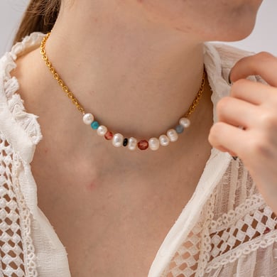 1 Stück Perlenketten im französischen Retro-Stil mit bunten Natursteinperlen aus Edelstahl, 18 Karat vergoldet, für Damen h5 Bild2