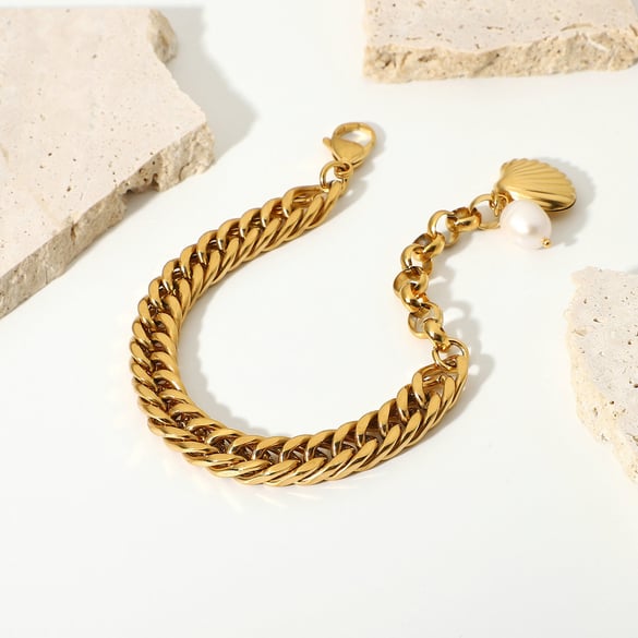 1 stuk Cuba Fancy Simple Fashion Style roestvrij staal 18K verguld zoetwaterparel dameskettingarmbanden