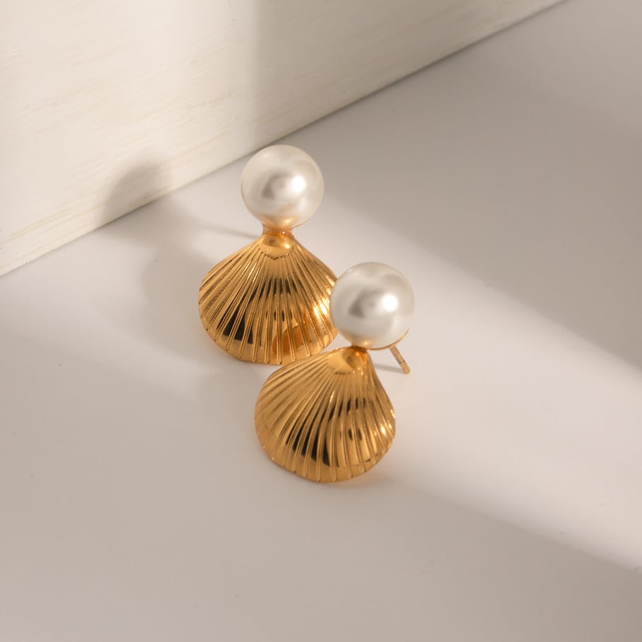 Pendientes de concha de perla con incrustaciones de acero inoxidable de oro de 18 quilates, estilo ins, nueva moda transfronteriza, temperamento, personalidad, combinables Imagen8