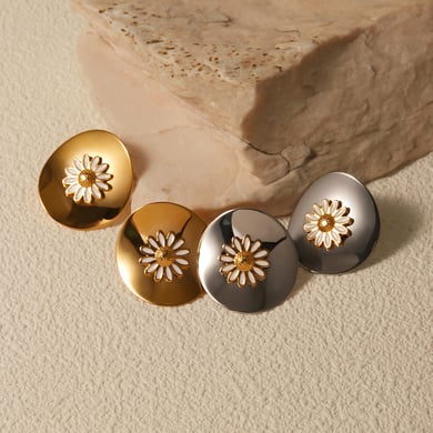 JD designer model!! Steel color/oil dripping stainless steel disc white oil dripping daisy earrings h5 Picture3