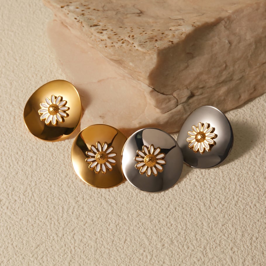 JD designer model!! Steel color/oil dripping stainless steel disc white oil dripping daisy earrings Picture3