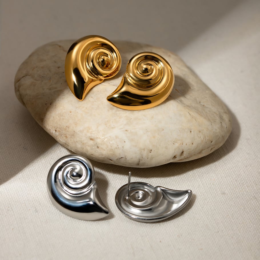 europäische und amerikanische grenzüberschreitende -stil einfache persönlichkeit mode 18 karat gold edelstahl muschel spiralmuster wirbelform ohrringe für frauen Bild3