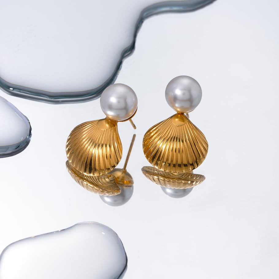 ins style cross-border new fashion temperament personality all-match 18k gold stainless steel inlaid pearl shell earrings jewelry Picture6