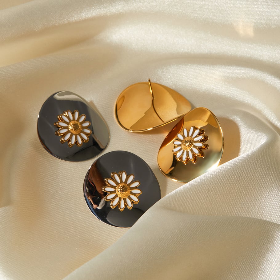 JD designer model!! Steel color/oil dripping stainless steel disc white oil dripping daisy earrings Picture5