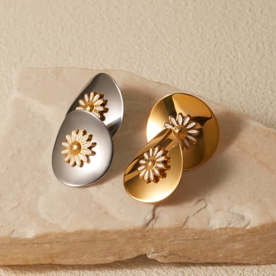 JD designer model!! Steel color/oil dripping stainless steel disc white oil dripping daisy earrings h5 Picture4