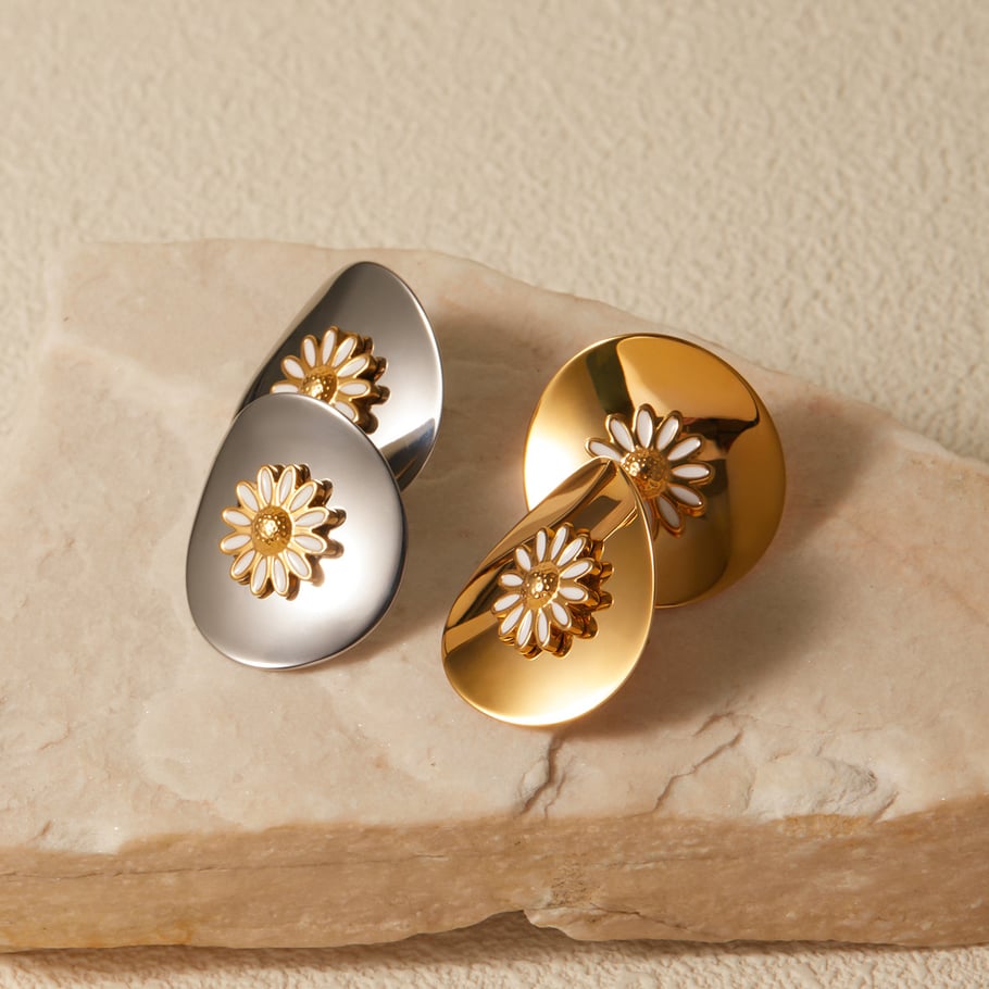 JD designer model!! Steel color/oil dripping stainless steel disc white oil dripping daisy earrings Picture4