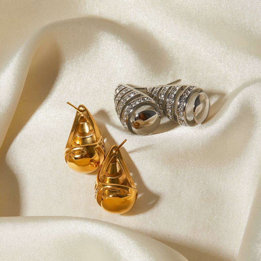 18k gold stainless steel inlaid diamond stripes hollow teardrop-shaped earrings ins high-end niche unique titanium steel earrings Picture6