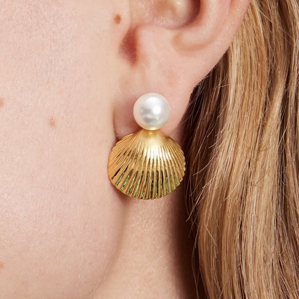 ins style cross-border new fashion temperament personality all-match 18k gold stainless steel inlaid pearl shell earrings jewelry