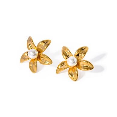 European and American cross-border INS style personality trend 18k gold stainless steel inlaid pearl flower earrings earrings jewelry wholesale h5 Picture6