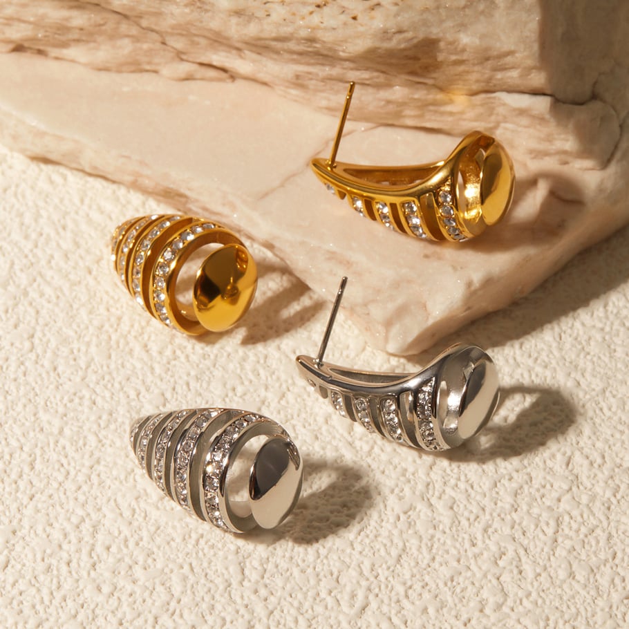 18k gold stainless steel inlaid diamond stripes hollow teardrop-shaped earrings ins high-end niche unique titanium steel earrings Picture3