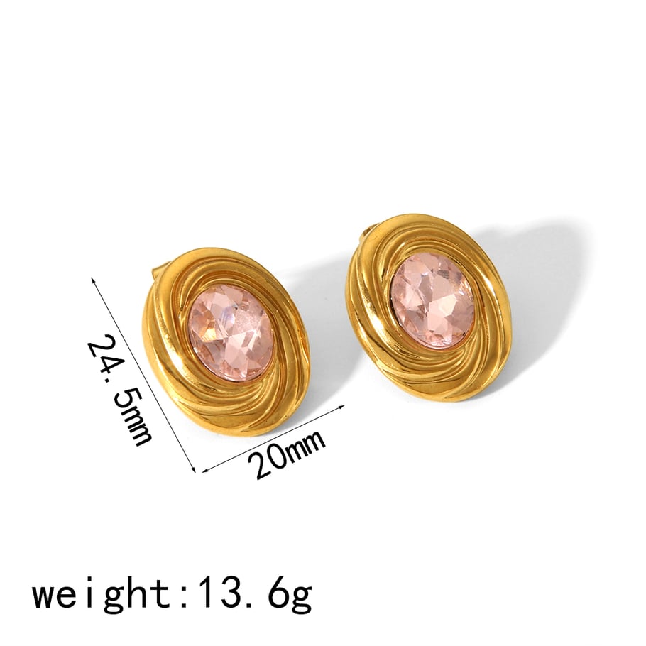 1 pair of simple and stylish 18k gold-plated stainless steel diamond threaded oval earrings for women's daily wear Picture5