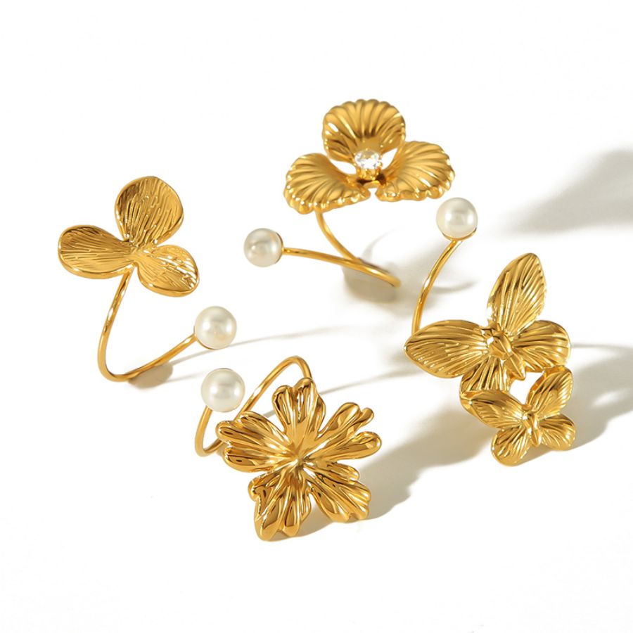 1 piece of exquisite and elegant 18k gold-plated stainless steel irregular flower butterfly pearl open ring for women's jewelry for daily wear Picture6