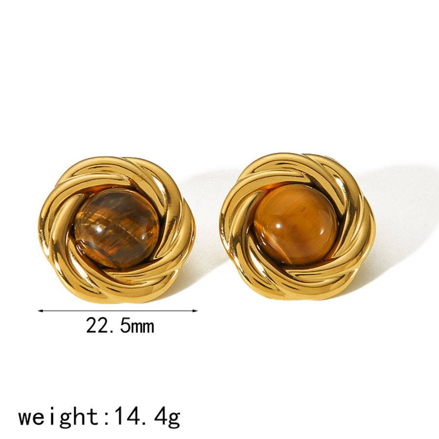 1 Paar stilvolle und elegante Ohrringe aus 18 Karat vergoldetem Edelstahl mit geometrischen, runden Einlagen aus Tigerauge-Steinen als Damenschmuck für den Alltag Bild7