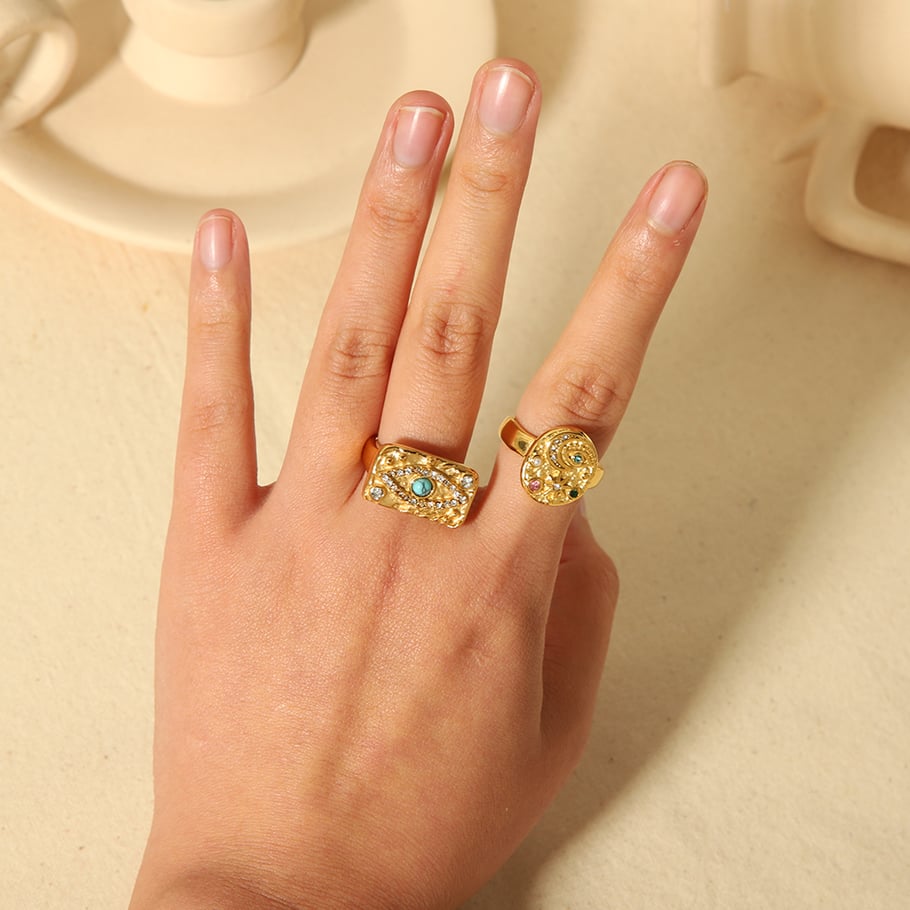 1 piece of fashionable 18k gold-plated stainless steel with colored diamond lava eye ring for women for daily wear Picture5