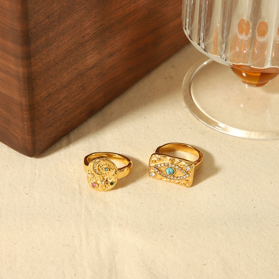 1 piece of fashionable 18k gold-plated stainless steel with colored diamond lava eye ring for women for daily wear Picture4