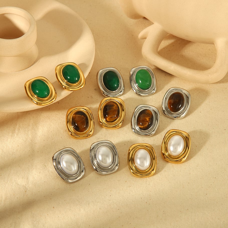 1 pair of classic 18k gold-plated stainless steel square geometric tiger eye stone earrings for women's daily wear Picture4