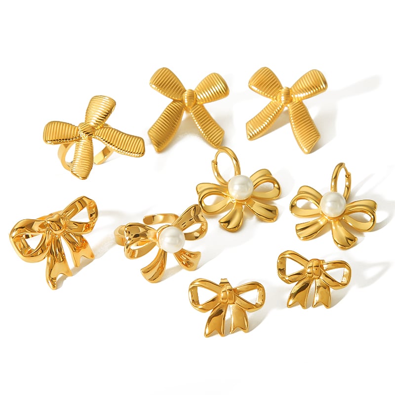 Classic elegant fashion 18k gold-plated stainless steel geometric pearl bow earrings for women's jewelry for daily wear Picture5