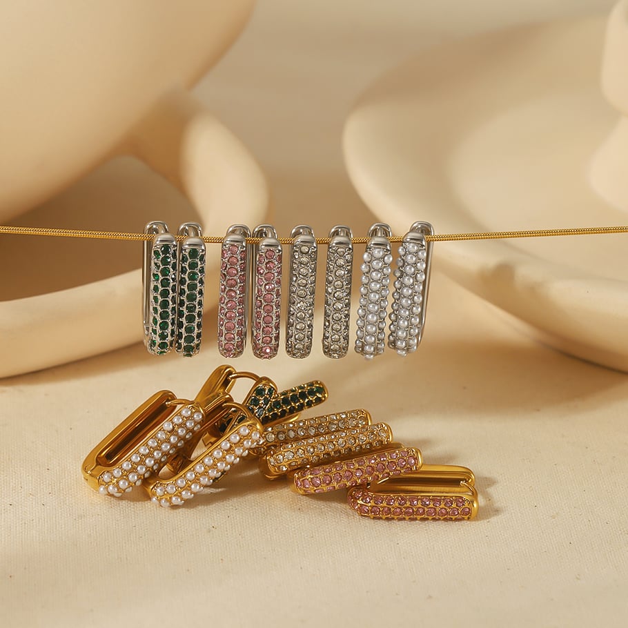 1 Paar stilvolle, schlichte rechteckige Ohrringe mit Diamantperlen aus 18 Karat vergoldetem Edelstahl für Damenschmuck zum täglichen Tragen Bild3