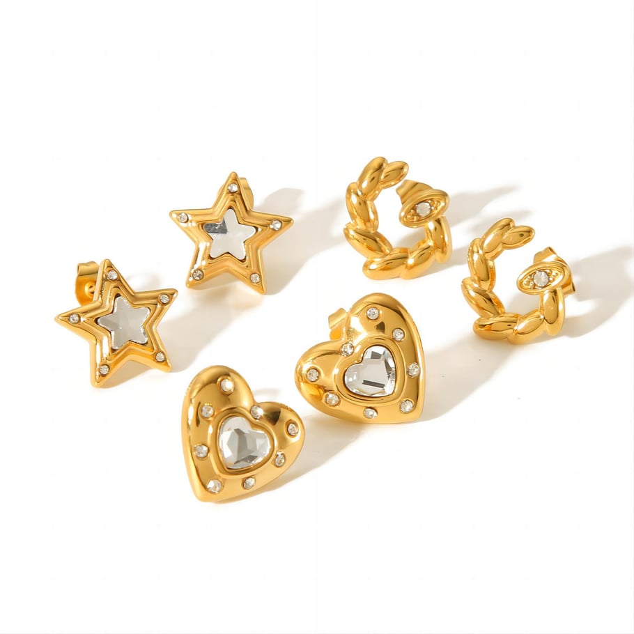 1 Paar exquisite und modische 18 Karat vergoldete Herz-Stern-Ohrringe aus Edelstahl mit Diamanten für Damen zum täglichen Tragen Bild5