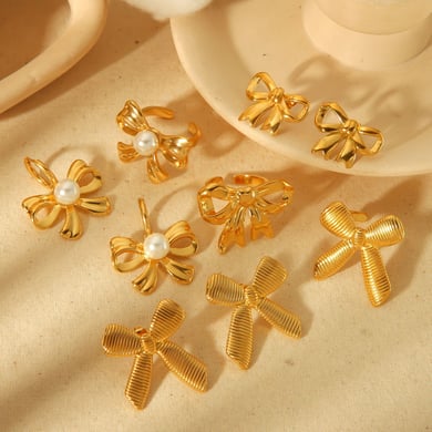 Classic elegant fashion 18k gold-plated stainless steel geometric pearl bow earrings for women's jewelry for daily wear h5 Picture3