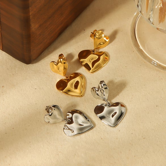 1 pair of exquisite and fashionable 18k gold-plated stainless steel hammered double love pendant earrings for women's jewelry for daily wear 2