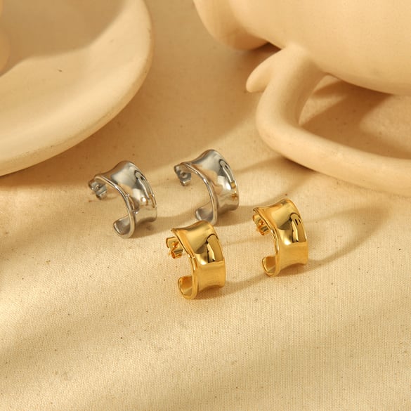 1 pair of classic 18k gold plated stainless steel C-shaped polished casting earrings for women daily jewelry 2