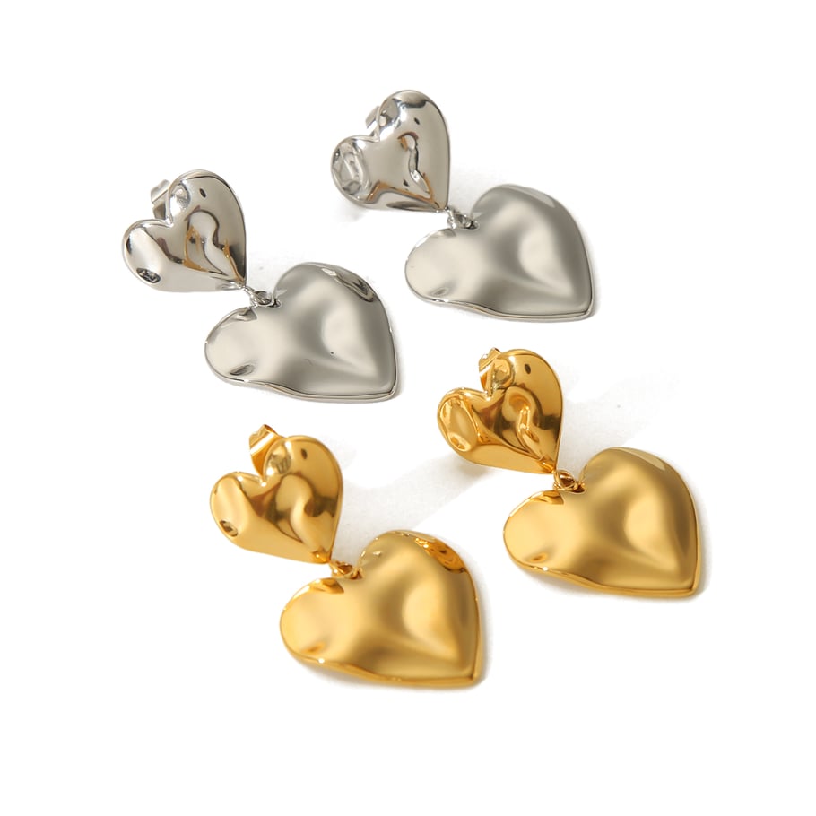 1 Paar exquisite und modische gehämmerte Ohrringe mit Doppel-Love-Anhänger aus 18 Karat vergoldetem Edelstahl für Damenschmuck zum täglichen Tragen Bild5