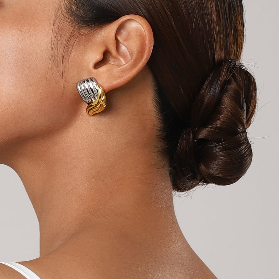 18k gold stainless steel/threaded wave-shaped earrings with unique design on the left and right sides, high-grade titanium steel color matching earrings Picture5
