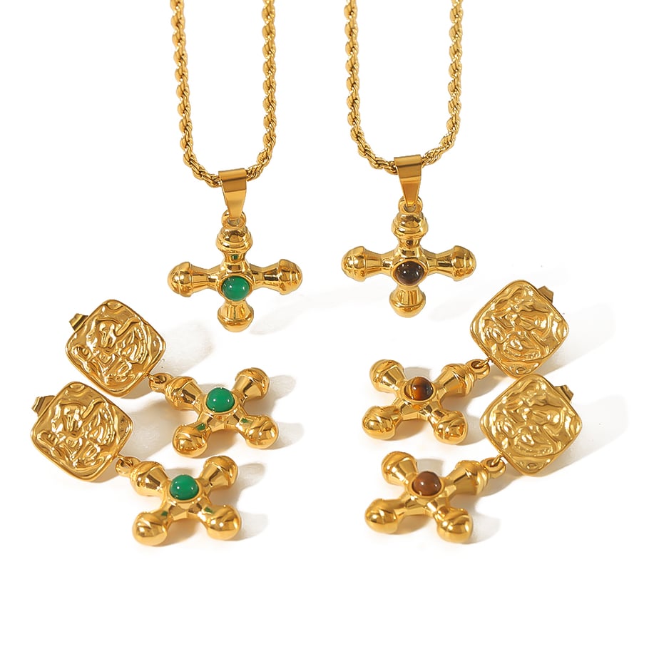 1 Pair Simple Series Retro Cross 18K Gold Plated Artificial Gemstone Women Earrings Set Picture5