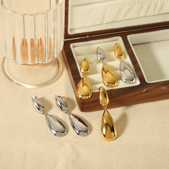1 pair of creative and fashionable 18k gold-plated stainless steel glossy double teardrop-shaped pendant earrings for women for daily wear 2