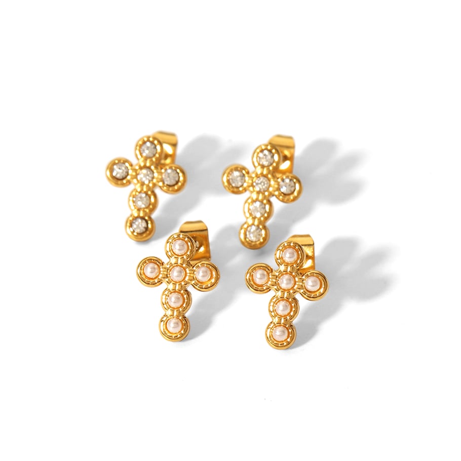 1 pair of fashionable and exquisite 18k gold-plated stainless steel dot diamond eight-pointed star pearl cross earrings for women's jewelry for daily wear Picture5