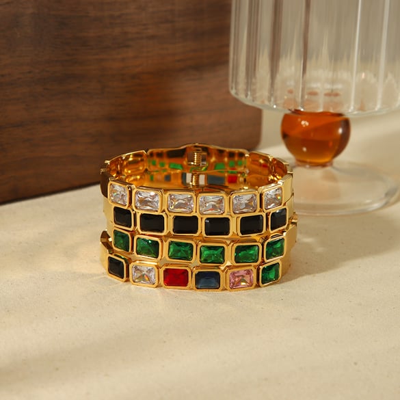 1 pièce de bracelet classique et élégant en acier inoxydable plaqué or 18 carats avec zircon carré coloré pour femme, bijoux à porter au quotidien 2