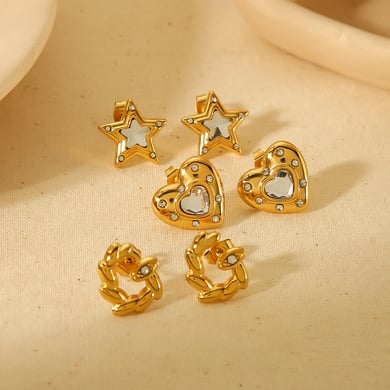 1 Paar exquisite und modische 18 Karat vergoldete Herz-Stern-Ohrringe aus Edelstahl mit Diamanten für Damen zum täglichen Tragen h5 Bild4