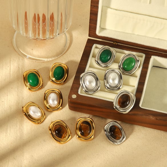 1 pair of classic 18k gold-plated stainless steel square geometric tiger eye stone earrings for women's daily wear