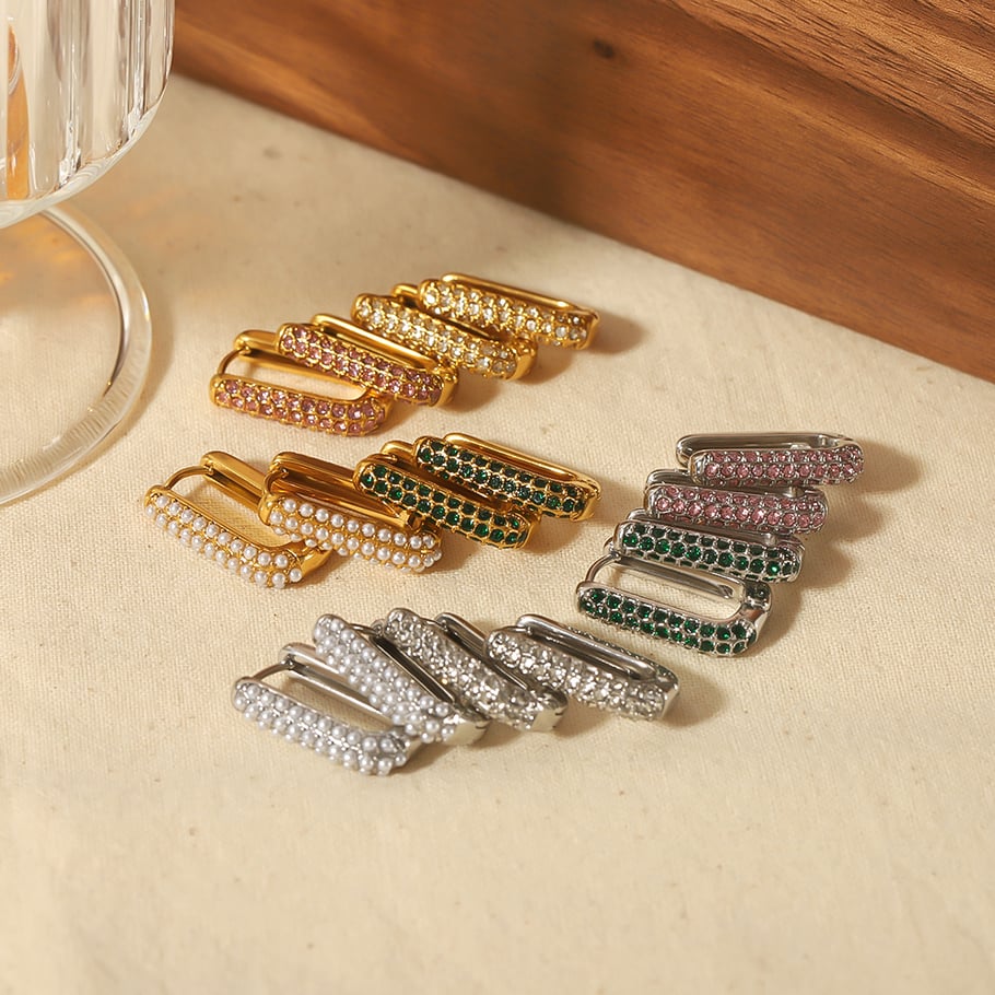 1 Paar stilvolle, schlichte rechteckige Ohrringe mit Diamantperlen aus 18 Karat vergoldetem Edelstahl für Damenschmuck zum täglichen Tragen Bild4