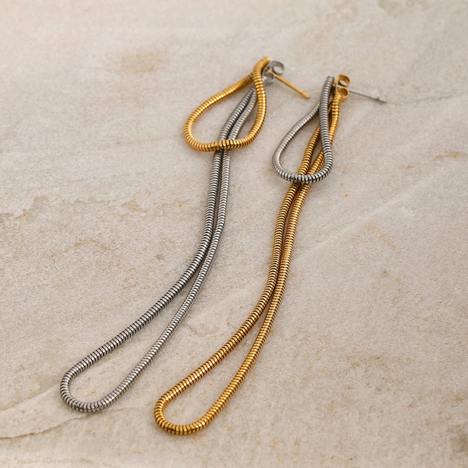 18k gold stainless steel long front and back round snake bone chain earrings 2024 beach style long tassel pendant earrings Picture8