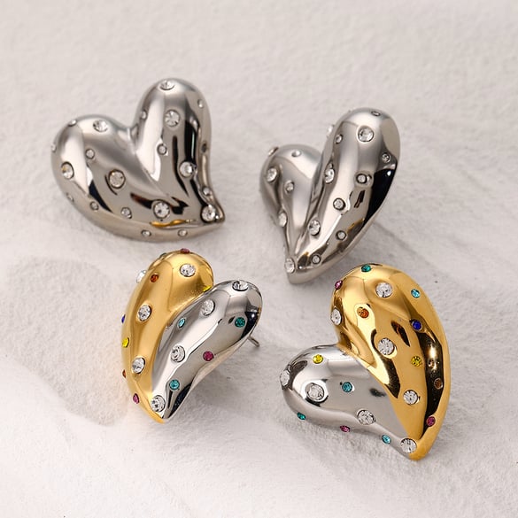 Modello di designer JD!! Orecchini a forma di cuore in acciaio inossidabile con strass/strass bianchi intarsiati