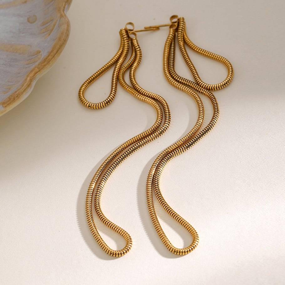 18k gold stainless steel long front and back round snake bone chain earrings 2024 beach style long tassel pendant earrings Picture7