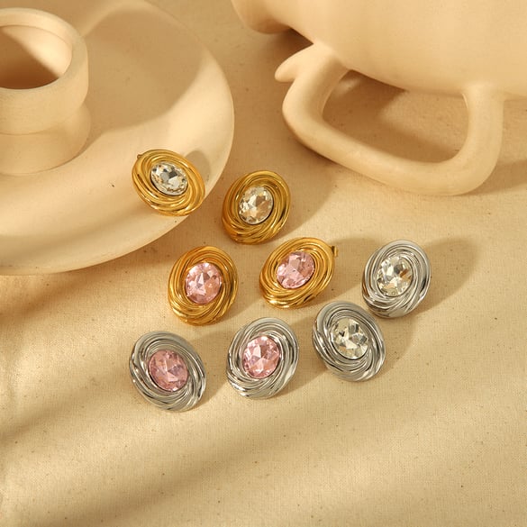 1 pair of simple and stylish 18k gold-plated stainless steel diamond threaded oval earrings for women's daily wear
