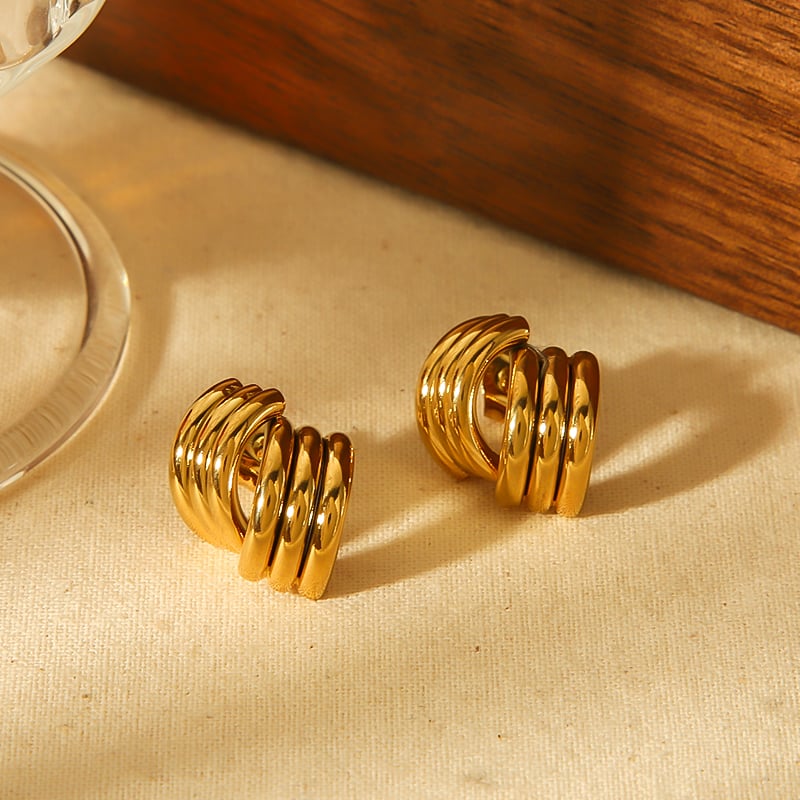 1 paire de boucles d&#39;oreilles géométriques brillantes en acier inoxydable plaqué or 18 carats, simples et à la mode, pour un usage quotidien pour les femmes Image3