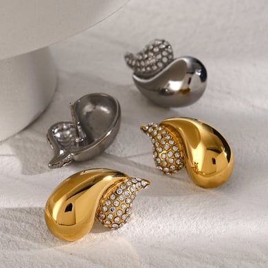 2024 European and American summer new 18k gold stainless steel/chubby double-layer teardrop-shaped diamond earrings are divided into left and right sides h5 Picture4