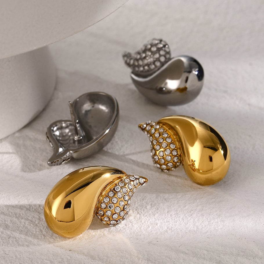 2024 European and American summer new 18k gold stainless steel/chubby double-layer teardrop-shaped diamond earrings are divided into left and right sides Picture4