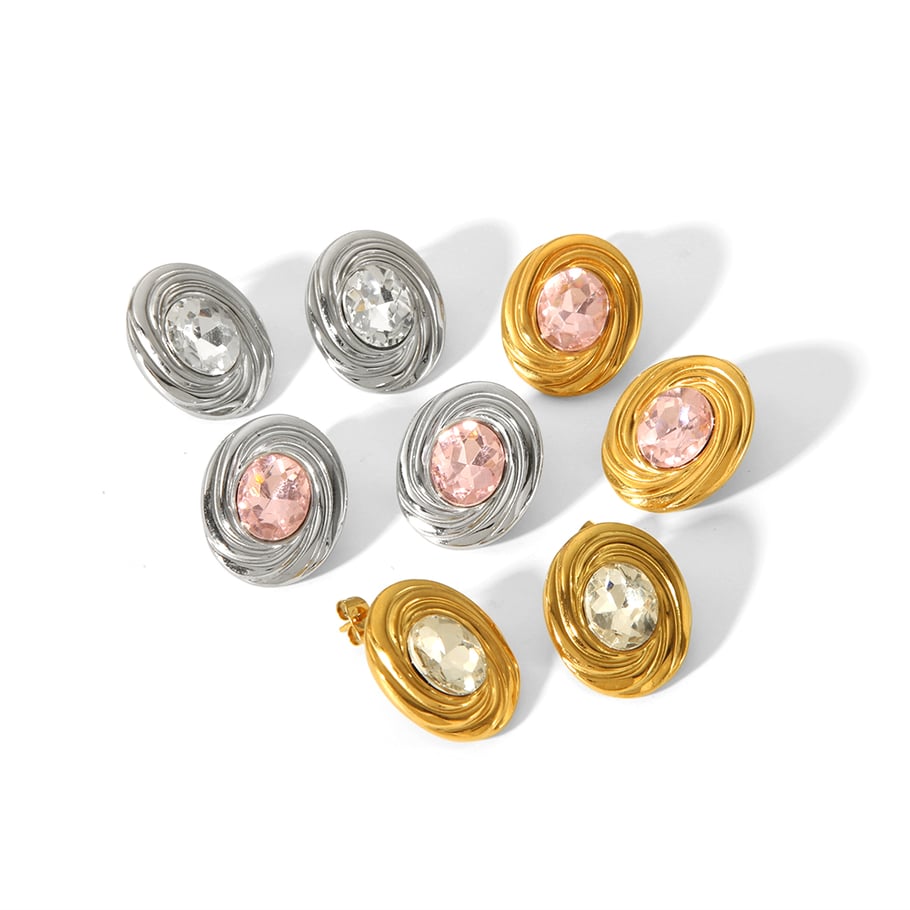 1 pair of simple and stylish 18k gold-plated stainless steel diamond threaded oval earrings for women's daily wear Picture4
