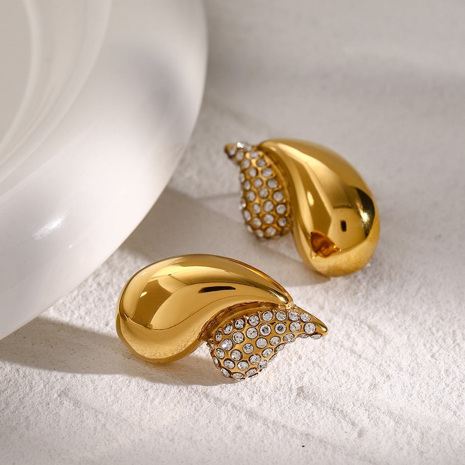 2024 European and American summer new 18k gold stainless steel/chubby double-layer teardrop-shaped diamond earrings are divided into left and right sides Picture6